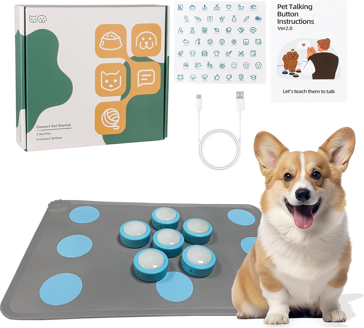 Dog Communication Buttons - 6 Pack Rechargeable Talking Buttons Starter Kit with Non-Slip Mat and 24s Voice Recording