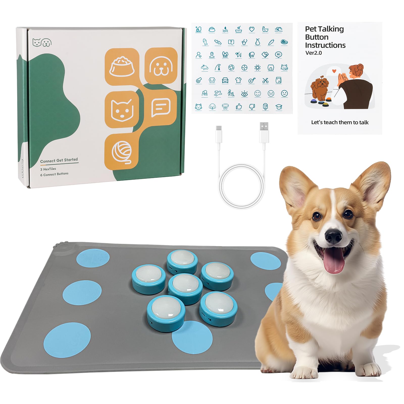 Botones para perros para comunicación, kit de iniciación de 6 botones recargables para hablar con alfombrilla antideslizante, alta sensibilidad y grabación de voz de 24 segundos, 49 calcomanías
