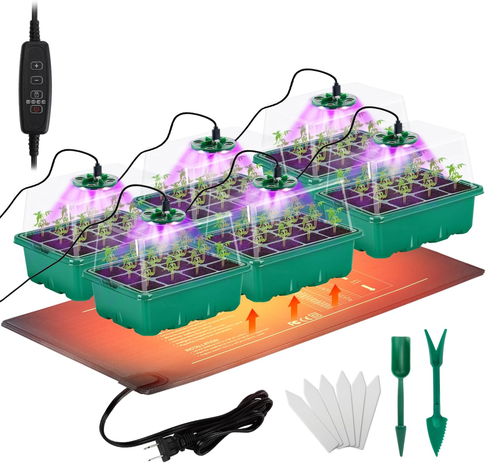 Apipi Seed Starter Tray with Grow Light & Heat Mat- 6 Pack 72 Cell Durable Easy Use Seed Starter Kit for New Gardener, Rapid Seedling Germination Kit with Humidity Domes for Plant Growing Propagation