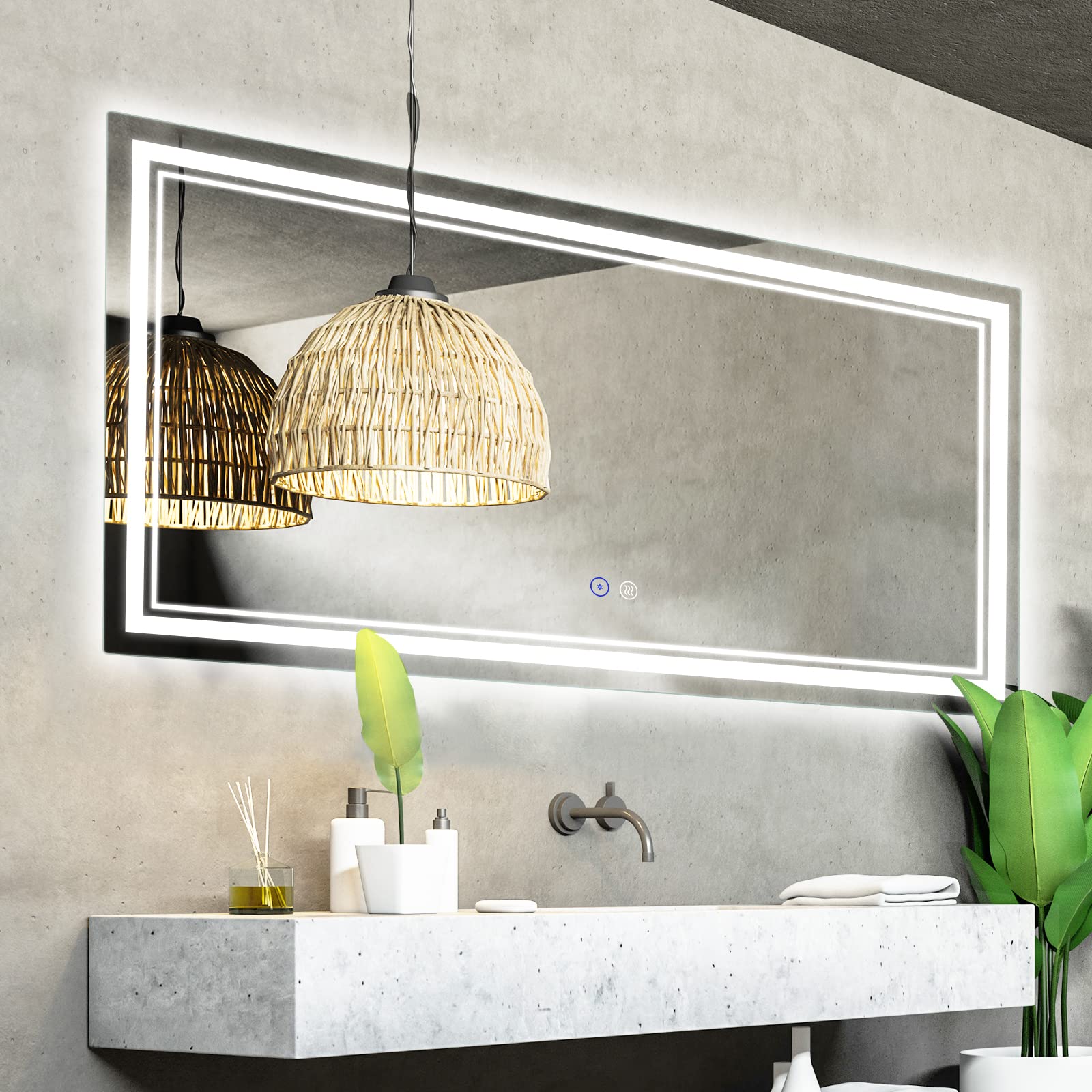 SaniteModar LED Bathroom Mirror, 55 x 36 inch, Anti Fog, Dimmable, 3 Color Lights Bathroom Mirror, Waterproof Led Vanity Mirrors, Horizontal/Verticalâ€¦