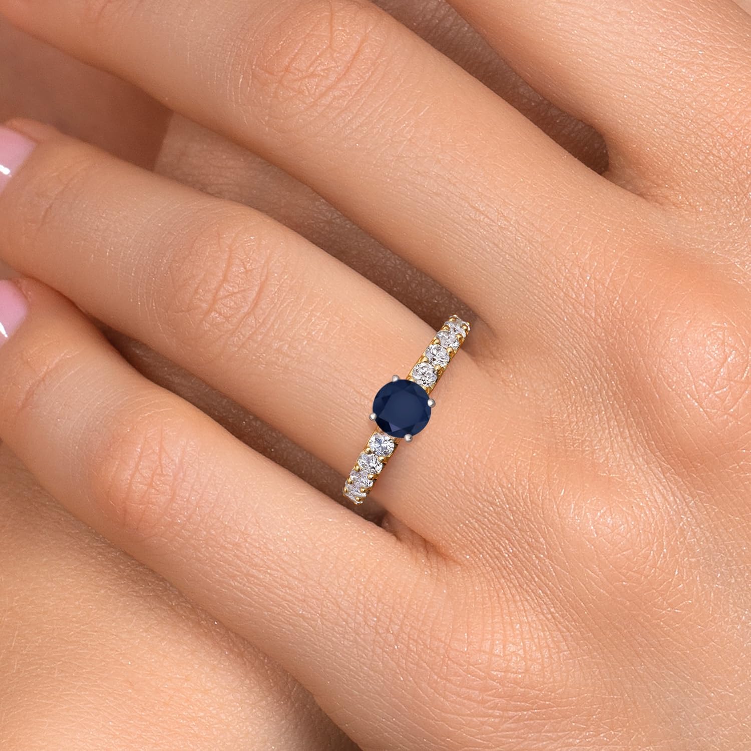 Gem Stone King 14K 2 Tone Gold Blue Sapphire and Lab Grown Diamond Engagement Ring For Women | 1.25 Cttw | Round 5MM | Gemstone September Birthstone - Image 4