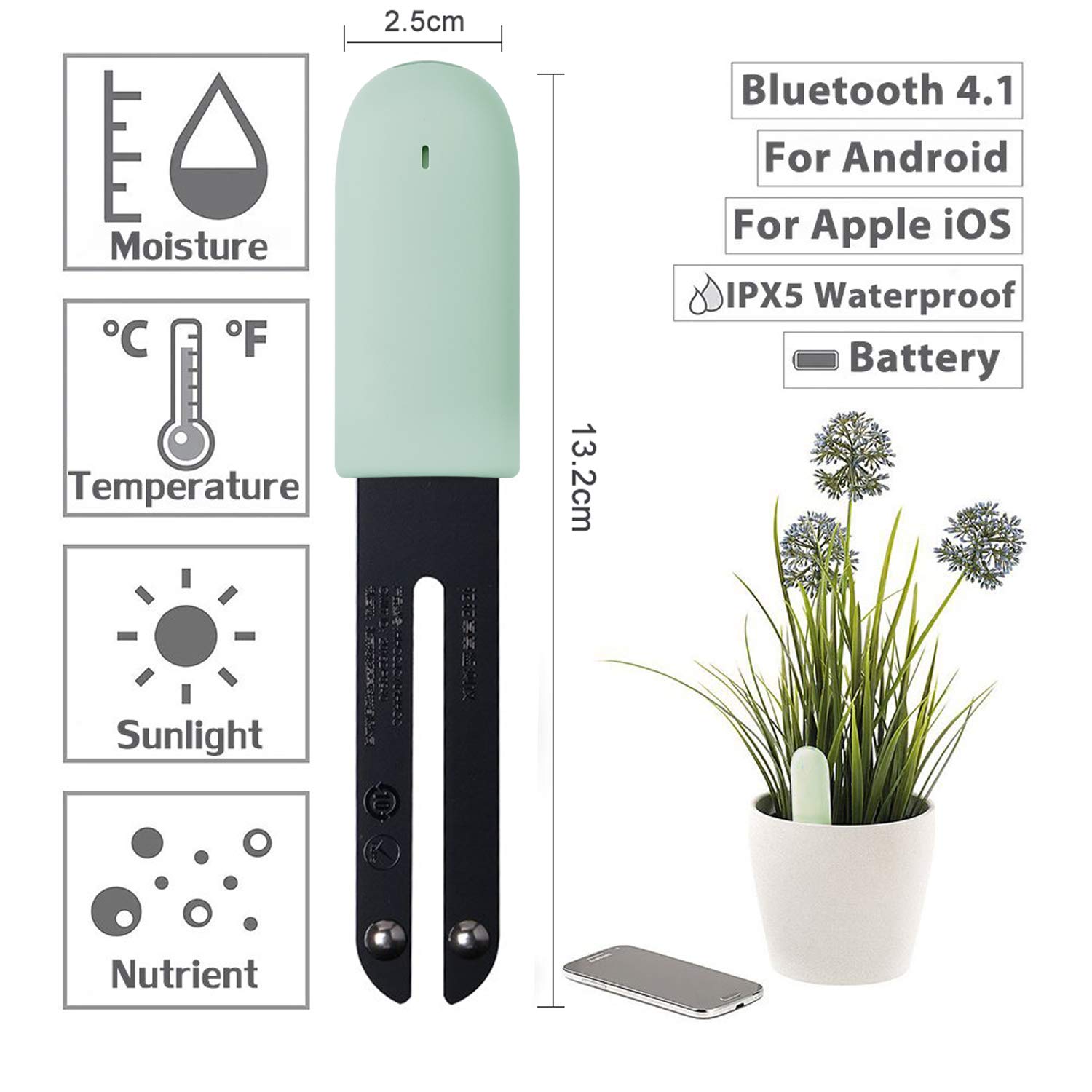 WANFEI Monitor roślin, inteligentny miernik wilgotności gleby 4 w 1, tester gleby, czujnik wody w glebie, wykrywacz wilgotności, światła, płodności, temperatury, do pielęgnacji roślin, iOS Android, 3