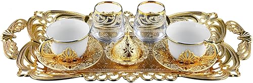Miniatura 7 de LaModaHome Taza de café espresso dorada con platillo, bandeja de vidrio de agua y cuenco de delicias para 1 persona, juego de café turco árabe