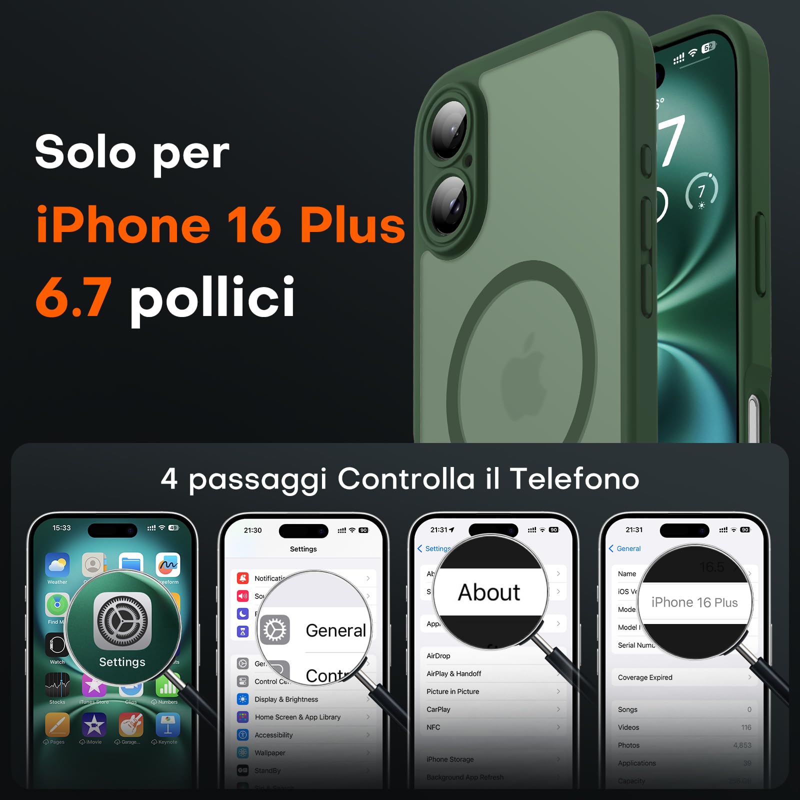 TOCOL Cover Magnetica per iPhone 16 Plus 6,7 Pollic, Compatibile con MagSafe, Protezione Fotocamera Integrata, Custodia Antiurto Traslucida Opaca, Verde Alpino