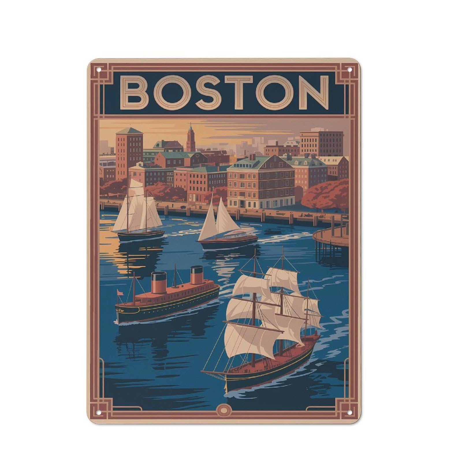 Boston Cityscape Vintage Travel Everyday Metal Wall Decor 40x30cm, Decorative Tin Plaque for Flat, Dorm Room, Lounge Or Cafe
