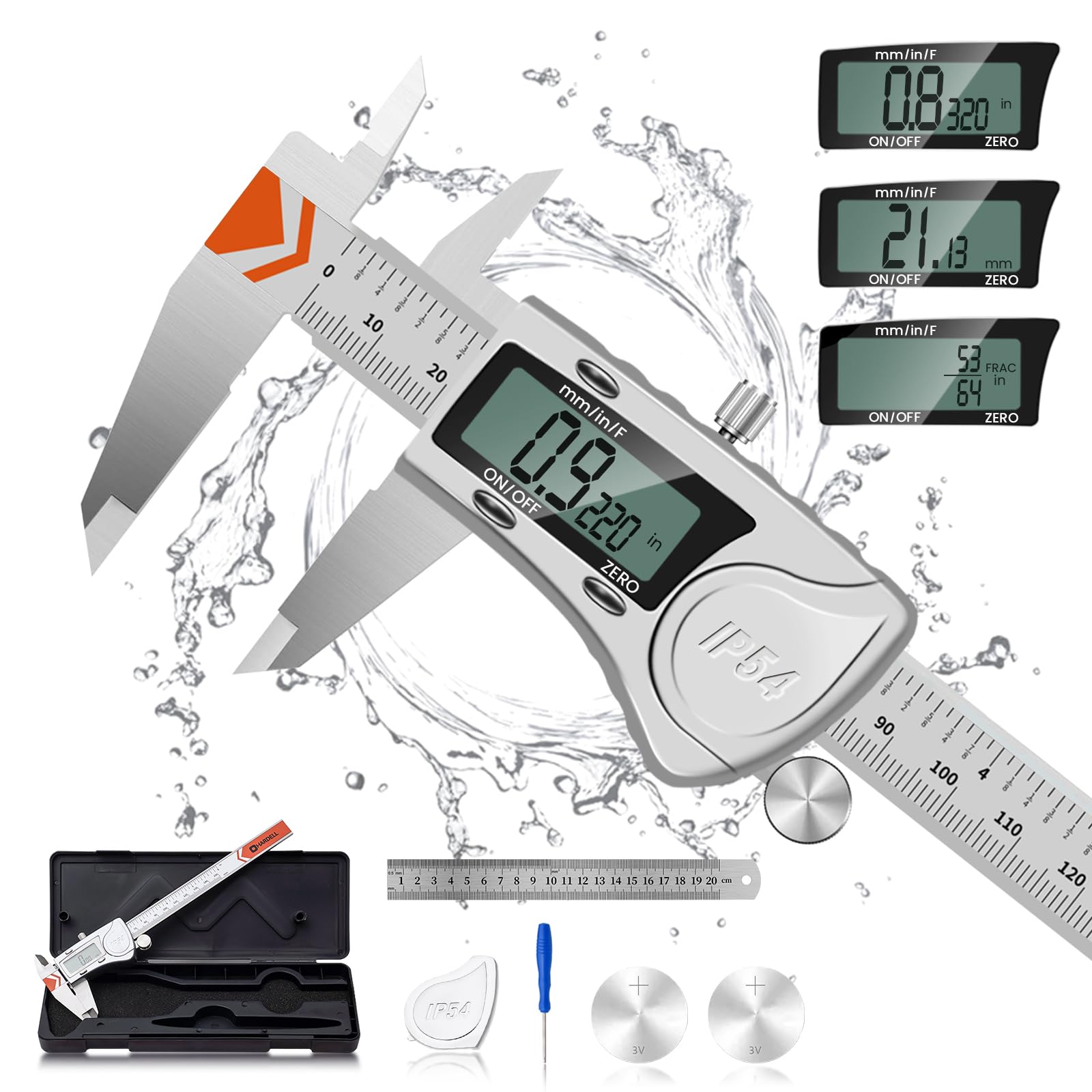 HARDELL Digital Caliper, IP54 Waterproof Caliper Measuring Tool with 3-Batteries & Extra Cover, All Stainless Steel Heavy-Duty Vernier Caliper Micrometer, Inch/MM/Fraction for DIY/3D-Printing