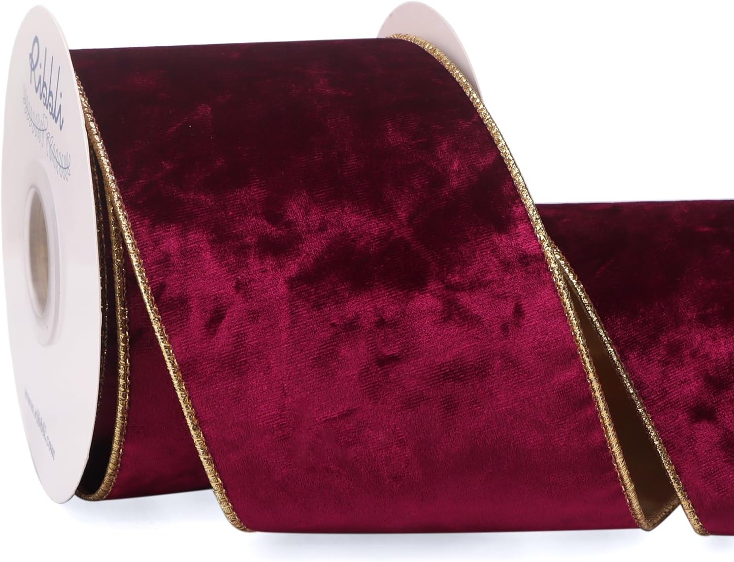 Ribbli Burgundy Velvet Wired Ribbon 4 Inch Metallic Burgundy Gold Crushed Velvet Christmas Ribbon for Gift Wrapping Christmas Tree Decoration Crafts Wreaths Supplies-Continuous 10 Yards