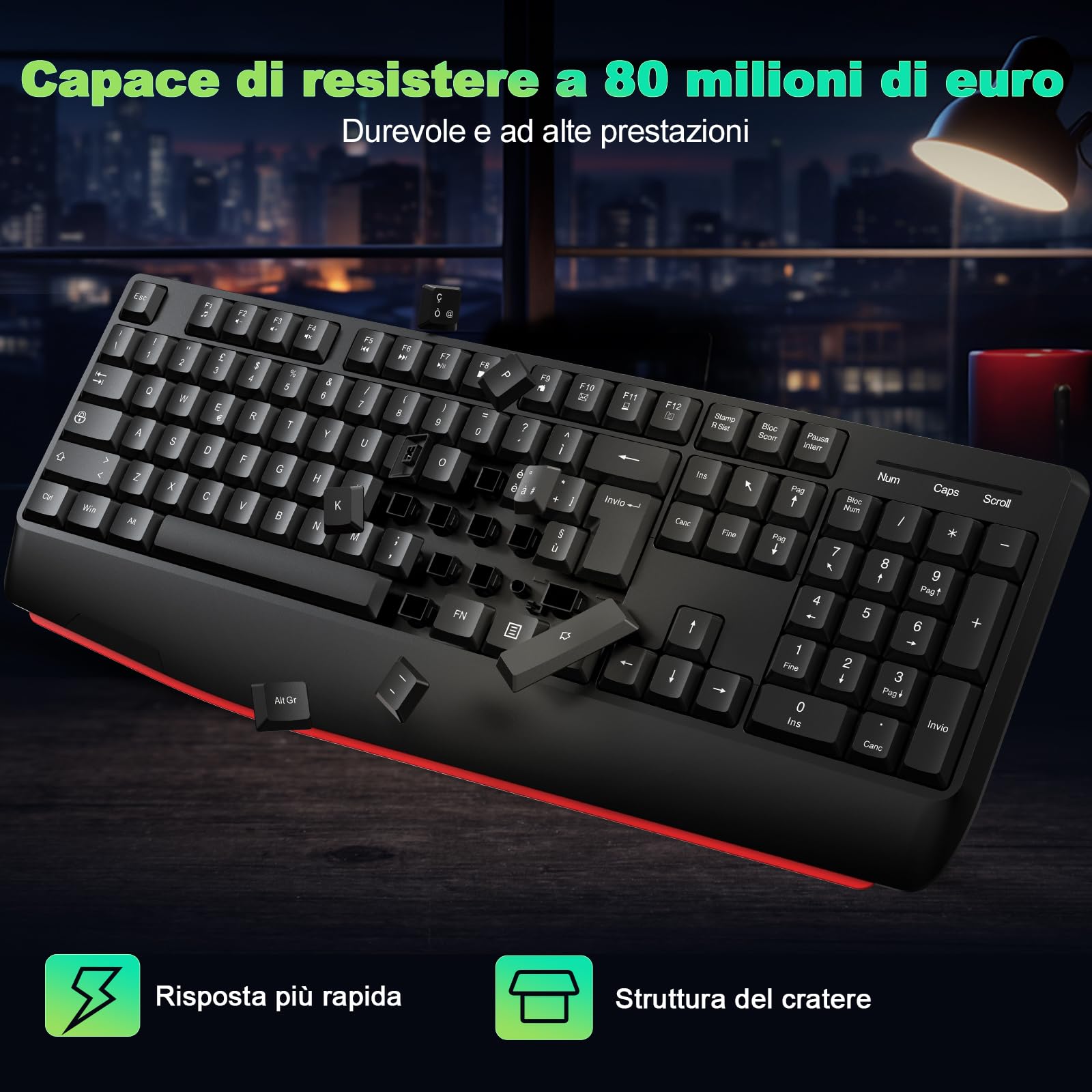 cimetech Tastiera e mouse wireless, tastiera ergonomica 2.4G per computer portatili con poggiapolsi, tastierino numerico, 1600DPI per computer portatili PC (Layout Italiano QWERTY - Nero)