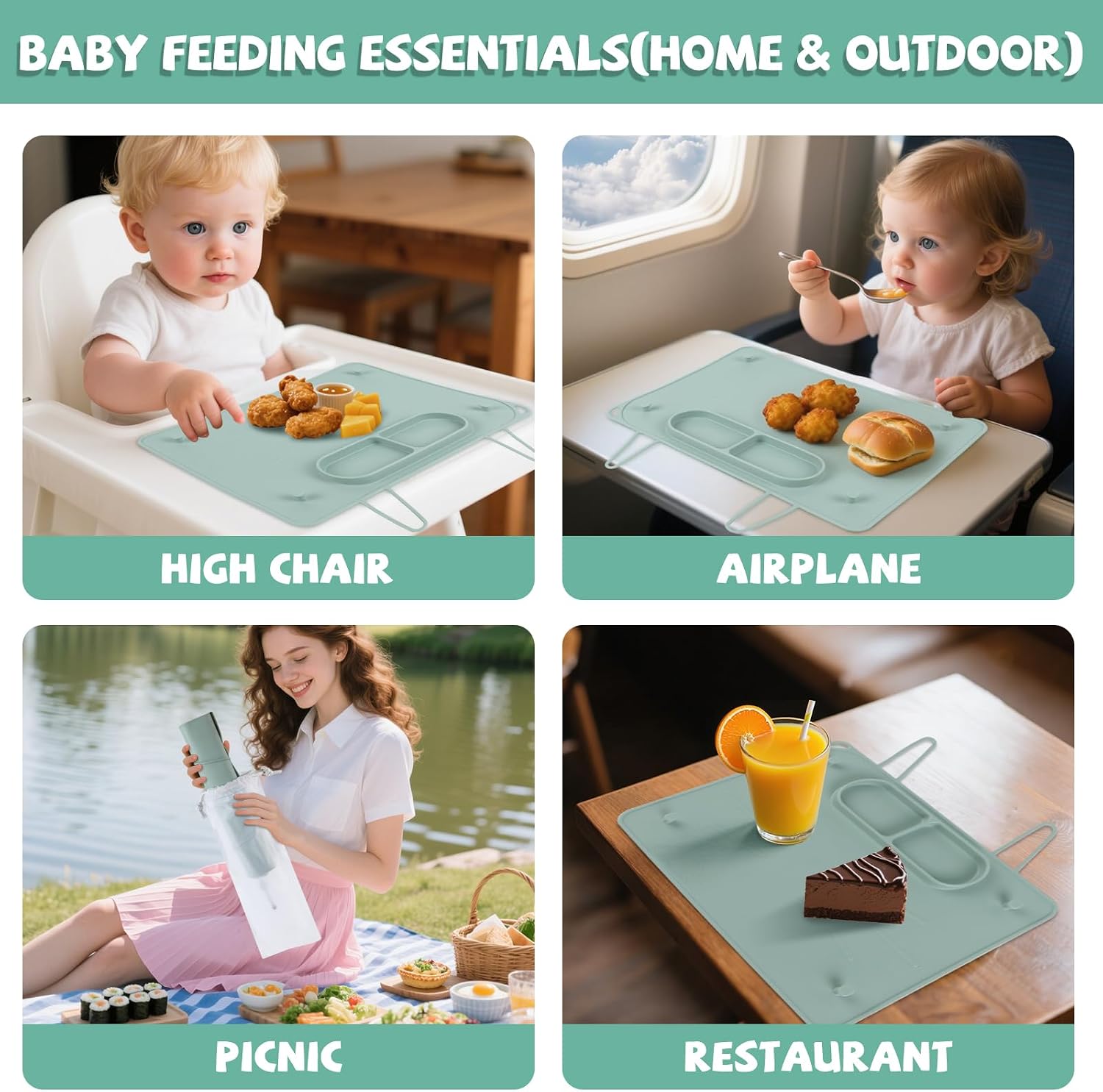 Non-Slip Silicone Placemat for Toddlers: 6 Stronger Suction Cups - Stay in Dining Table（2 Pack）
