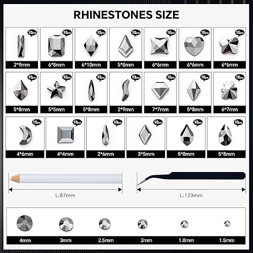 Miniatura 2 de Juego de 950 diamantes de imitación negros para arte de uñas, gemas y dijes de uñas color negro mineral, 200 piezas de diamantes de imitación de