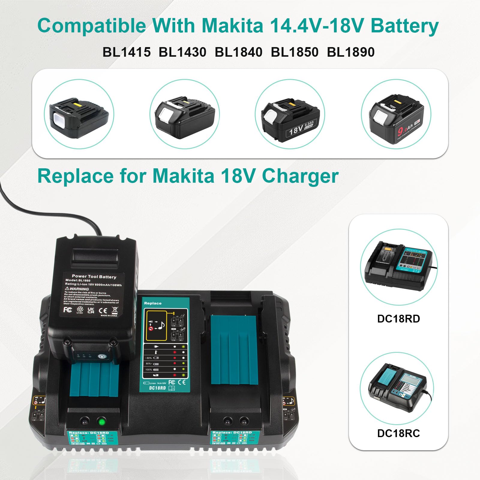 PENGJBATTER DC18RD 14.4V-18V Cargador rápido de doble puerto para batería Makita de 18 V, compatible con Makita 14.4V-18V BL1850B BL1860B BL1830B BL1840B BL1820B Cargador DC18RC DC18SF DC18RT