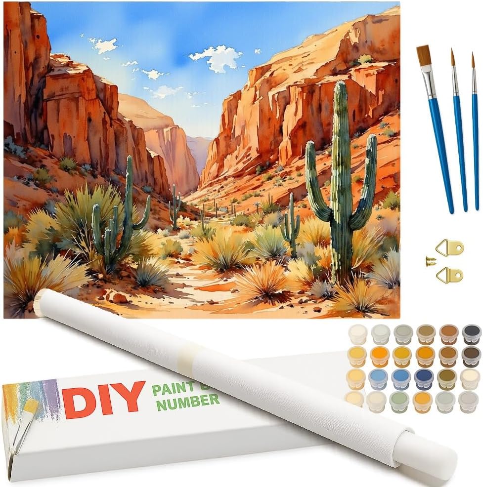 Southwest Landscape Paint by Numbers Kit for Adults - DIY Sunny Desert Canyon with Cactus Painting on Canvas 16x20 Inches, Acrylic Paint Set, Suitable for Beginners, Art for Home Decoration