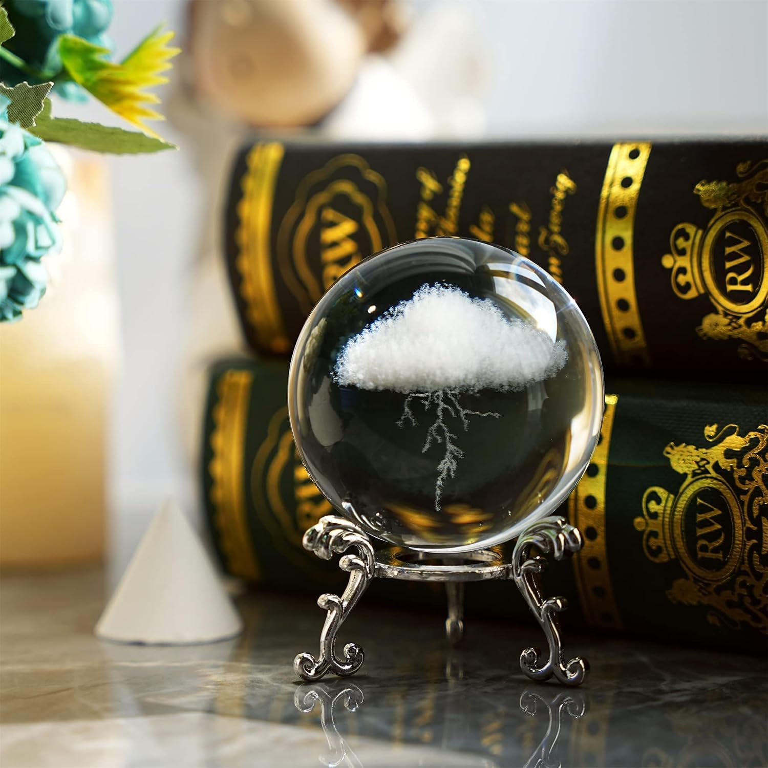 3D Lightning Cloud Crystal Decorative Ball Paperweight with Stand,60mm
