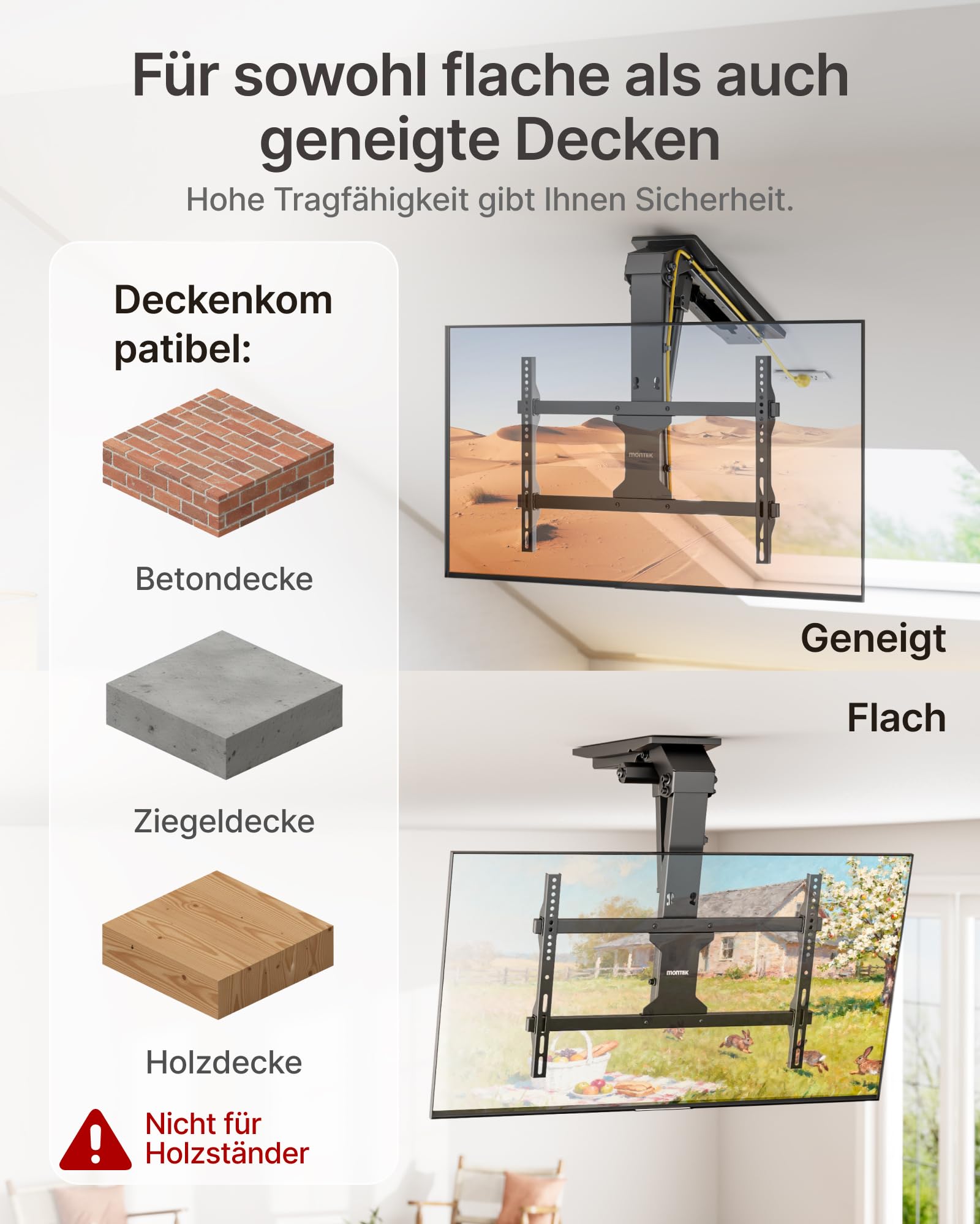 monTEK TV Deckenhalterung Elektrisch für 37-75 Zoll Fernseher,Bis zu 45 kg | Motorisiert absenkbar, für flache & geneigte Decken, Fernbedienung, App- und Sprachsteuerung, leiser Betrieb