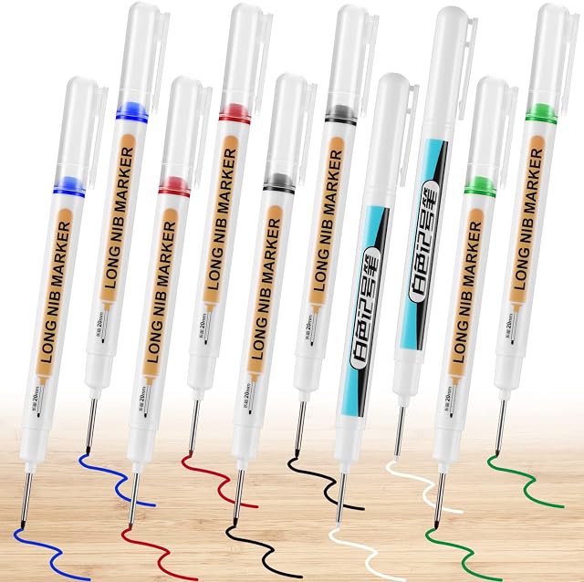 ZZOUFI 10pcs Deep Hole Marker Pen, 21mm Long Tip Marker Pen, Hole Marker Tool, Long Reach Marker Pen for Carpenters Builders Woodworking Architects Engineers (Blue Red Black White Green)