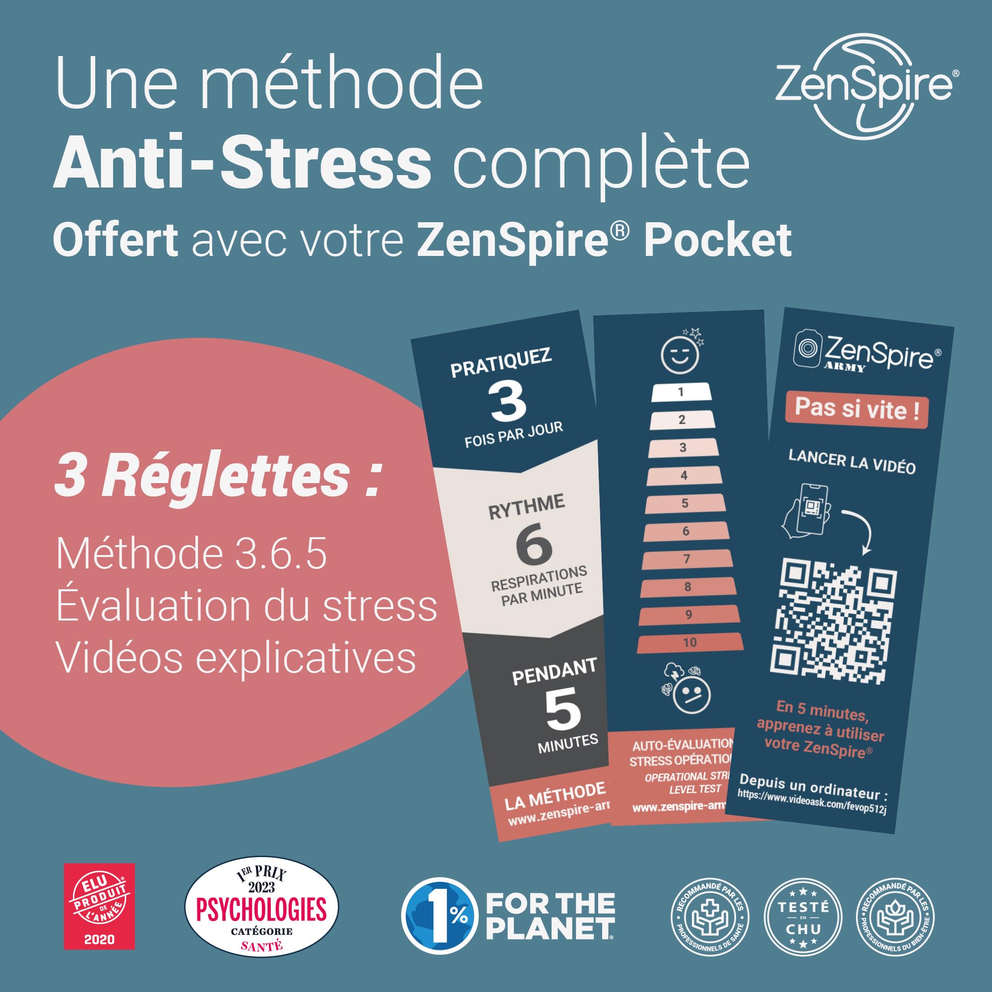ZenSpire Pocket Appareil Anti Stress portable Relaxation Meditation pour Dormir Adulte Aide Endormissement Sommeil Bien Etre 2 Fonctions Lumiere Zen Vibration Pack de 2