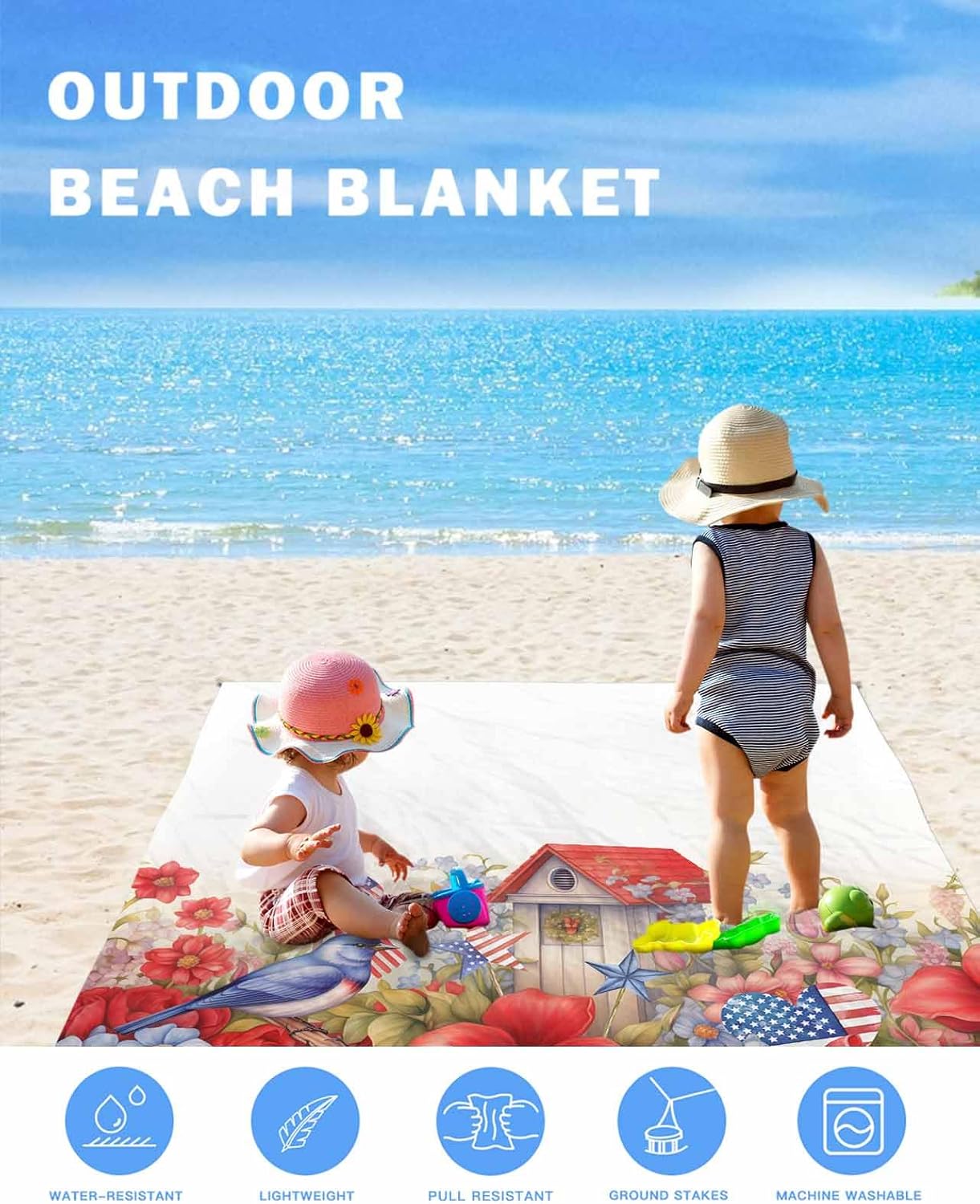 4th of July Blossom Flower Bird Flag Beach Blanket Waterproof Sandproof Outdoor Picnic Mat 95"x80" Farm Botanical Leaves Floral Lightweight Large Beach Blankets with 4 Stake & 4 Corner Pockets