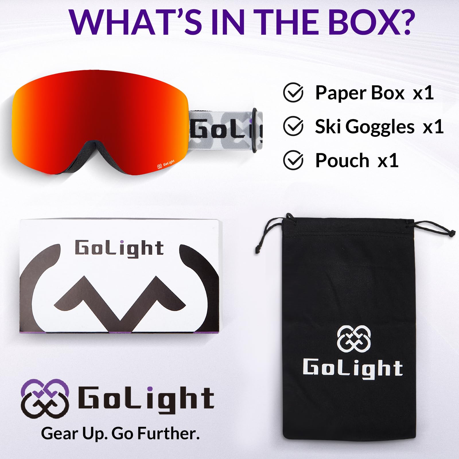 GoLight OTG Gogle narciarskie, okulary narciarskie dla mężczyzn i kobiet, bezramowe, 100% ochrona przed promieniowaniem UV, przeciwmgielne, unisex, śnieg, zima, do snowboardu, skuterów śnieżnych,