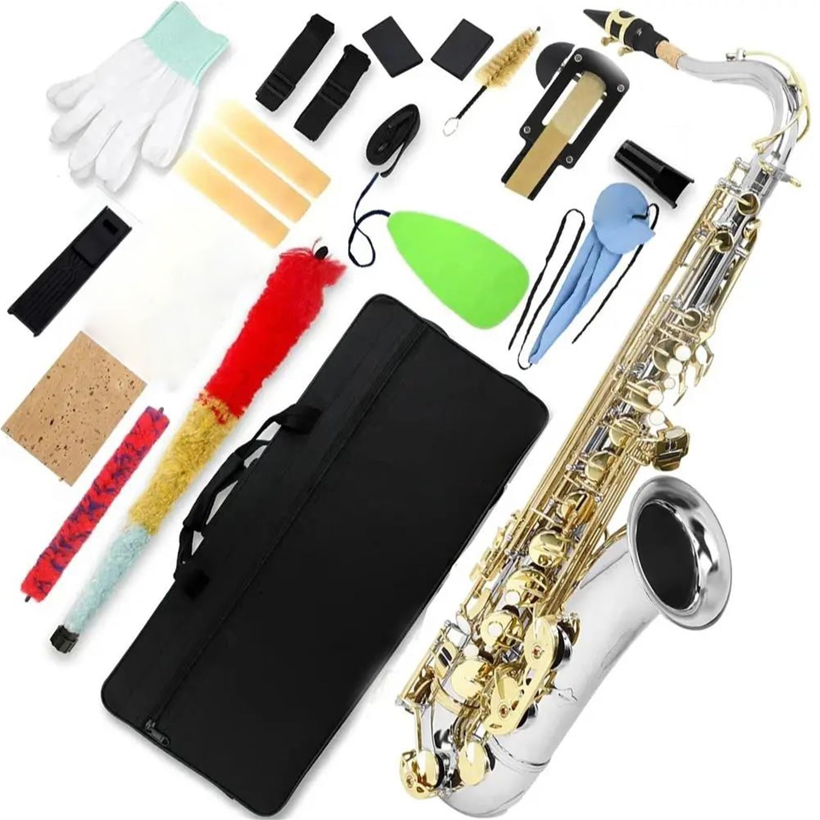 Saxofón Tenor en SIB, Instrumento Musical de latón para Principiantes y Adultos, Color Plateado y Dorado, con Estuche y Cepillo.,B