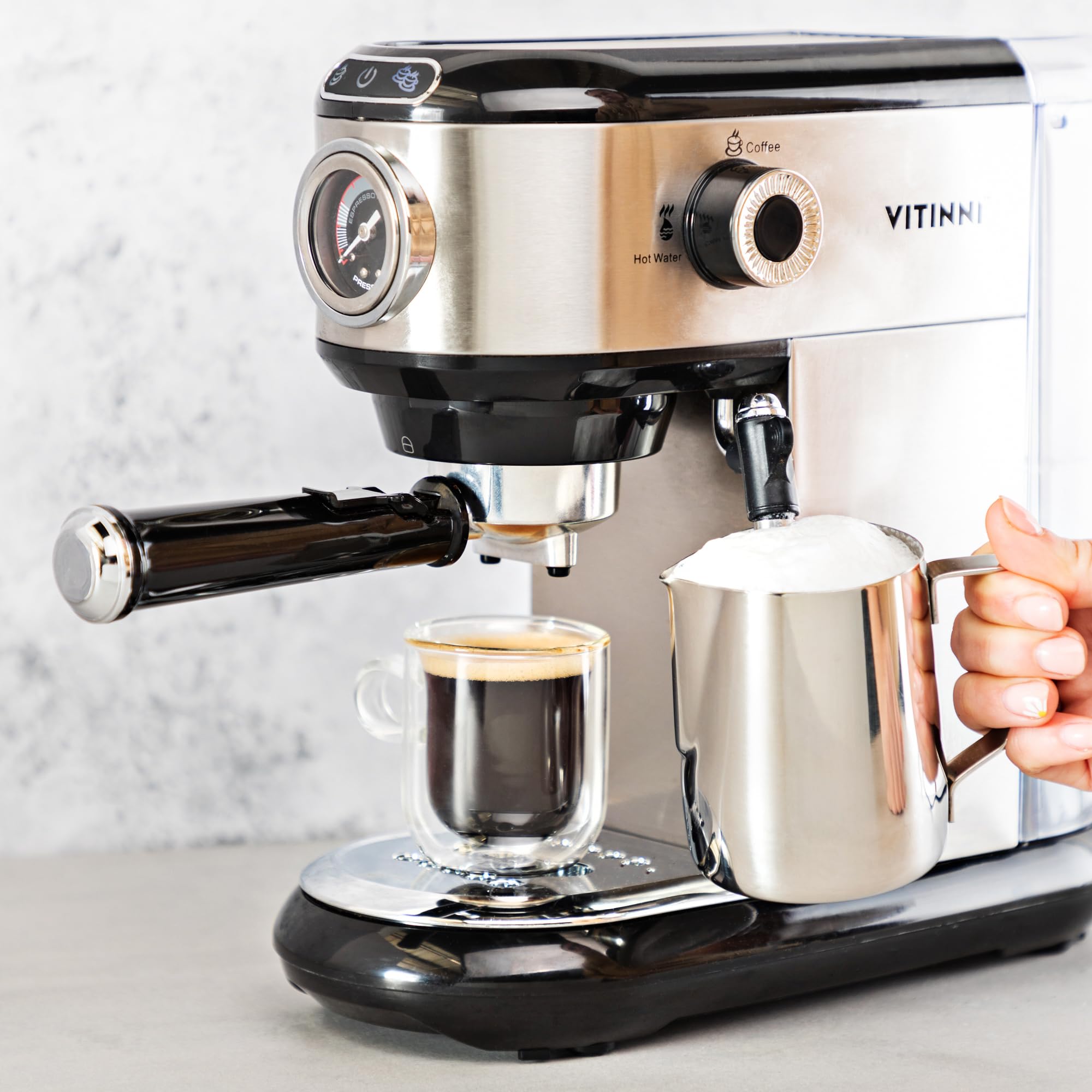 Vitinni Espressomaschine, Professionellem Milchaufschäumer, 15-bar-Druckpumpe, Milchschaumdüse, 1450 W, inkl. Barista-Kit, Tassenwärmeregal, 1 l Wassertank, Für Gemahlenen Kaffee, Silber