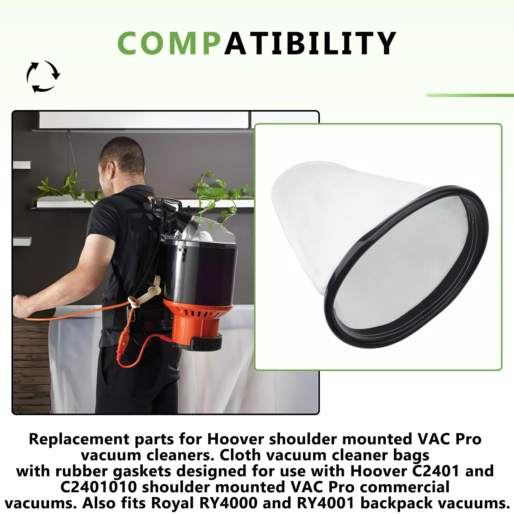 2KE2105000 - Paquete de 4 bolsas de tela HEPA para aspiradora de hombro Hoover, mochila Vac Pro