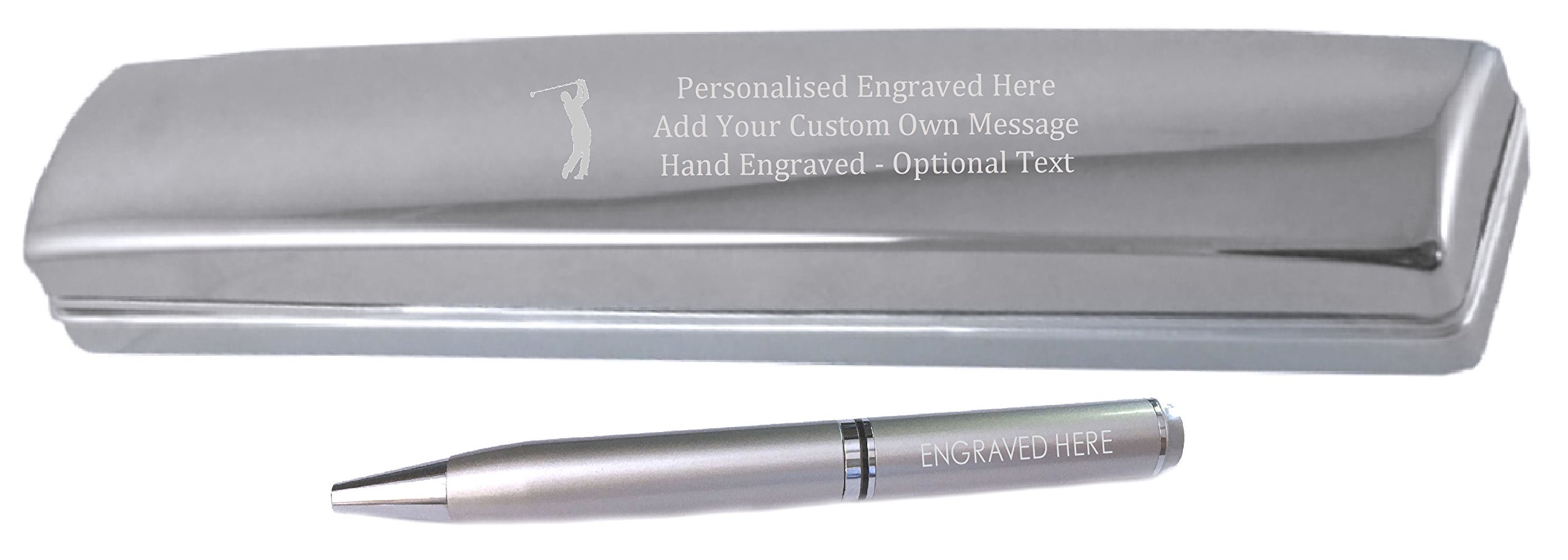 Bolígrafo de satén personalizable plateado cromado con caja de mensajes grabada para deportes de golf
