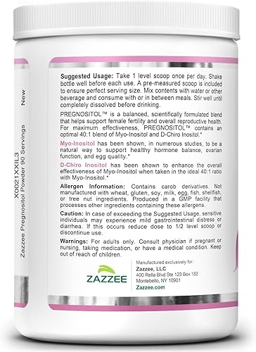 Miniatura 9 de Zazzee PREGNOSITOL en polvo, suministro de 3 meses, mezcla de fertilidad 401 de mio-inositol y D-quiro-inositol, cuchara gratuita para dosis exacta,