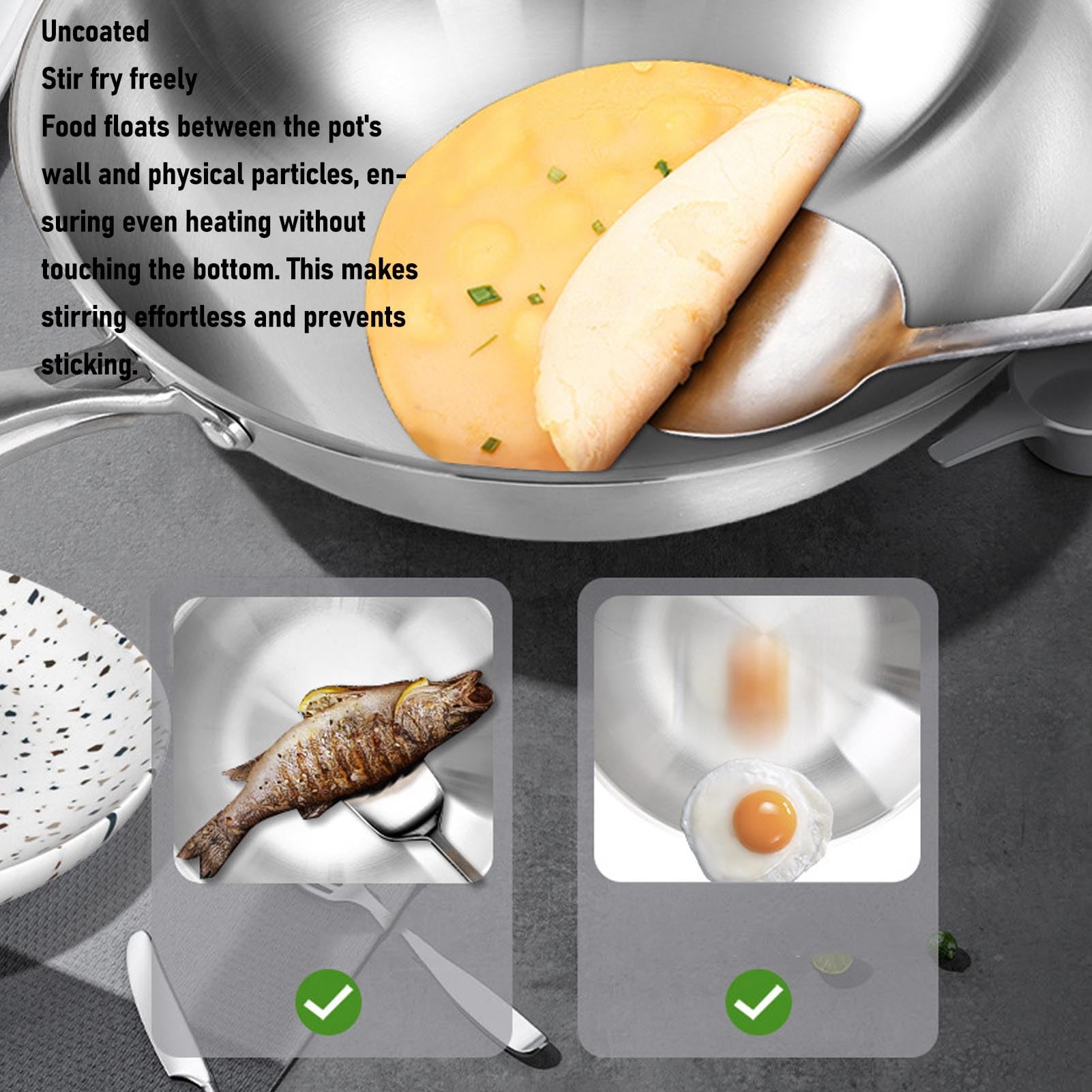 Cocoarm Wok de Acero Inoxidable, Acero Inoxidable 304 de Grado Alimentario con Núcleo de Aluminio para un Calentamiento Rápido y Uniforme, Compatible con Inducción, Apto para (34CM)