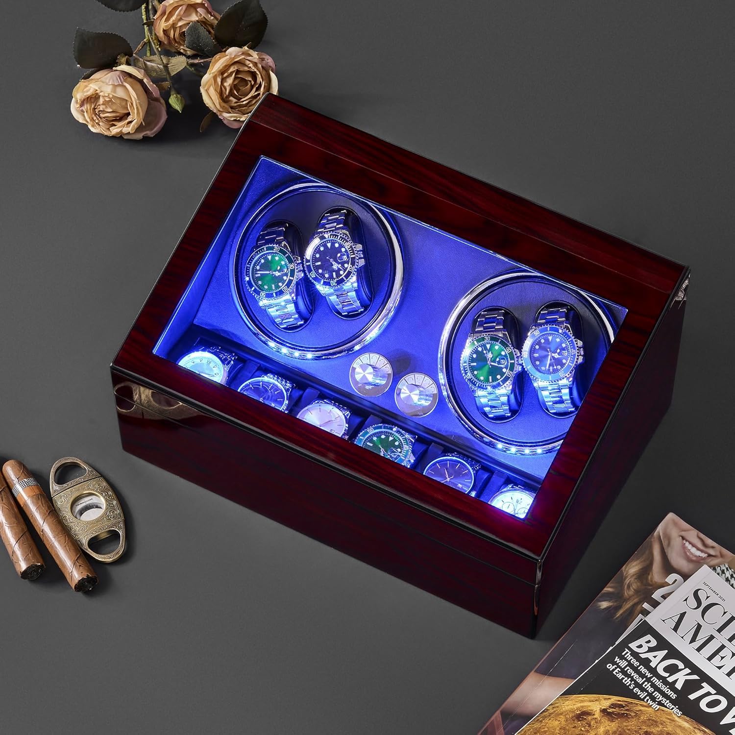 ANWBROAD Uhrenbeweger für Automatikuhren 4 Uhren+6 extra Speicherplätze 4 Drehmodis mit super leisem Mabuchi Luxuriöser Automatik Uhrenbeweger Watch Winder Uhrendreher USB-Aufladung JWW002R
