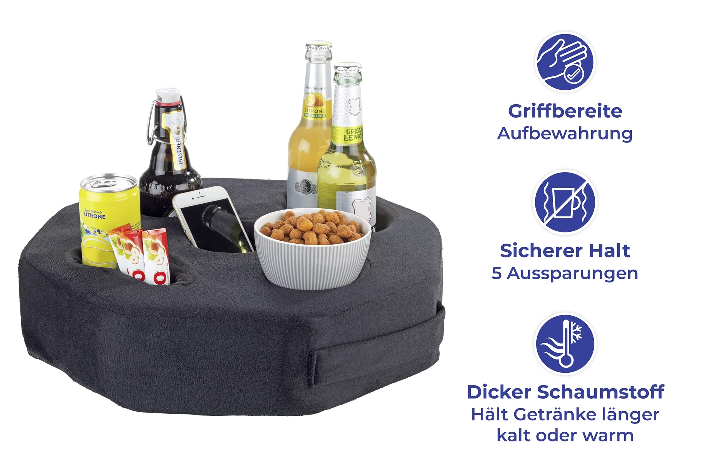 Maximex Sofa-Getränkebutler, Rutschfester Getränkehalter für die Couch oder im Auto, Dickes Schaumstoffkissen zur kleckerfreien Getränke-Halterung, inklusive Warm-/Kalthaltung der Getränke