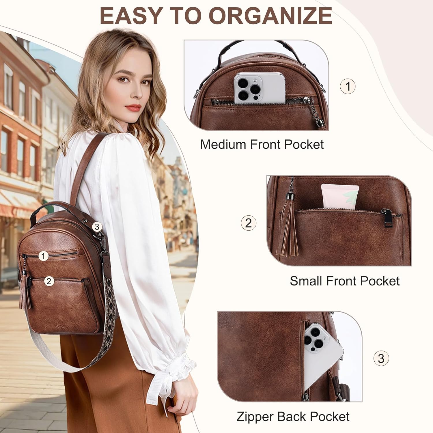 Kasqo Kaso Mini Backpack Purse for Women,Water Resistant PU Leather Small Backpack Convertible Ladies Shoulder Bag Travel Handbag 3 Ways to Carry Brown - Image 4