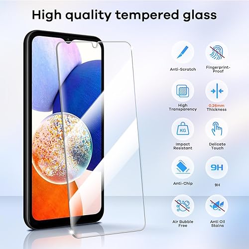 Miniatura 3 de Paquete de 4+4 protectores de pantalla para Samsung Galaxy A14 5G y protector de lente de cámara de teléfono 9H, protector de vidrio templado