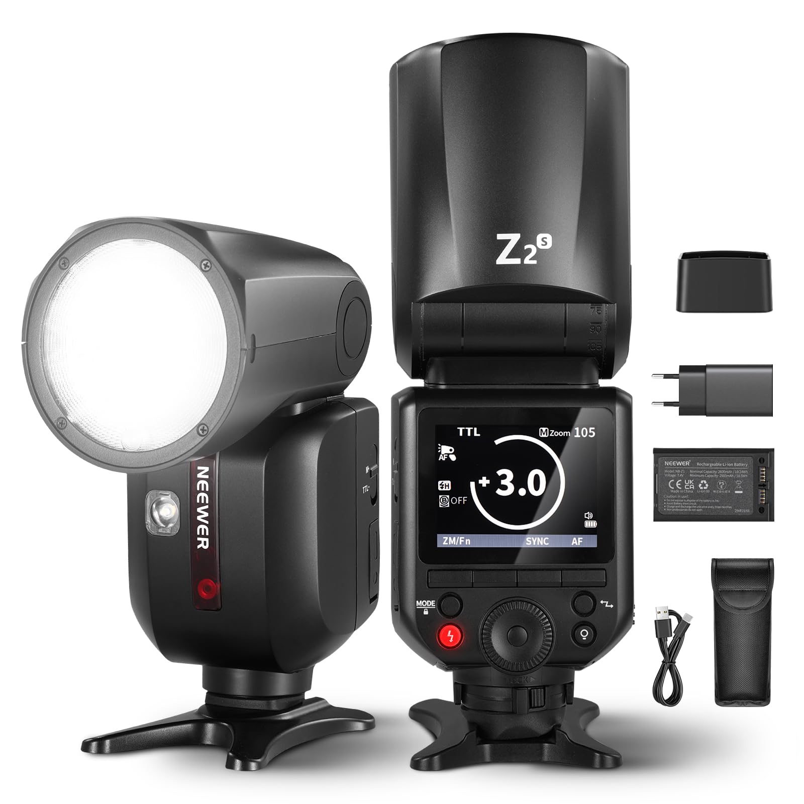 NEEWER Z2-S Flash Speedlite TTL a Testa Rotonda 2,4G 76W per Sony, UI Migliorata, 2 Luci Pilota Regolabili,Tasto TCM per Cambio Rapido TTL/M,HSS 1/8000s,Batteria 7,4V/2600mAh,480 Flash a Piena Potenza