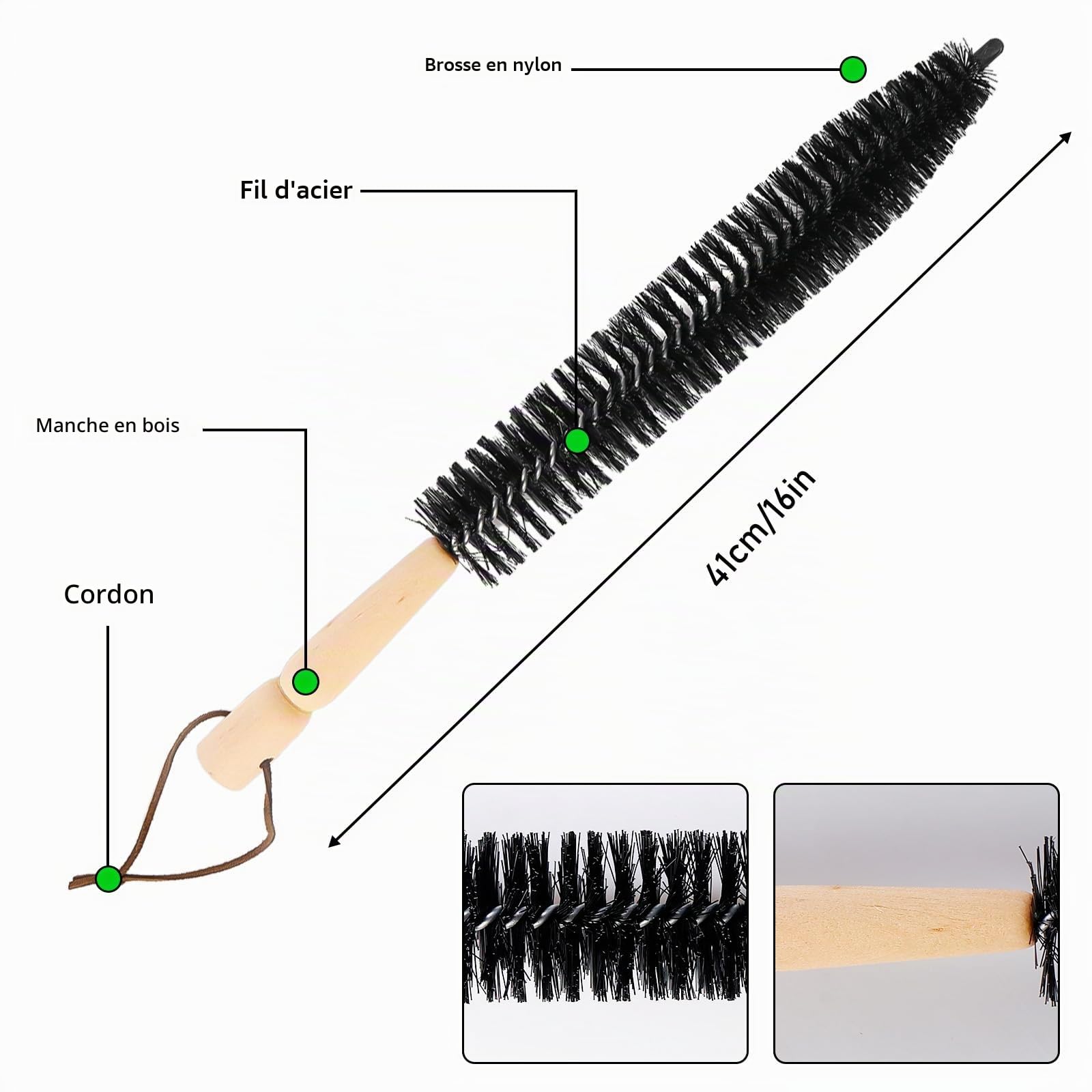 24PCS Kit de brosse pour cheminée : brosse à cheminée de 150 mm, kit de brosses de nettoyage de cheminée avec 18 tiges flexibles de 410 mm + 2 têtes de brosse de 150 mm + 1 brosse en bois longue +