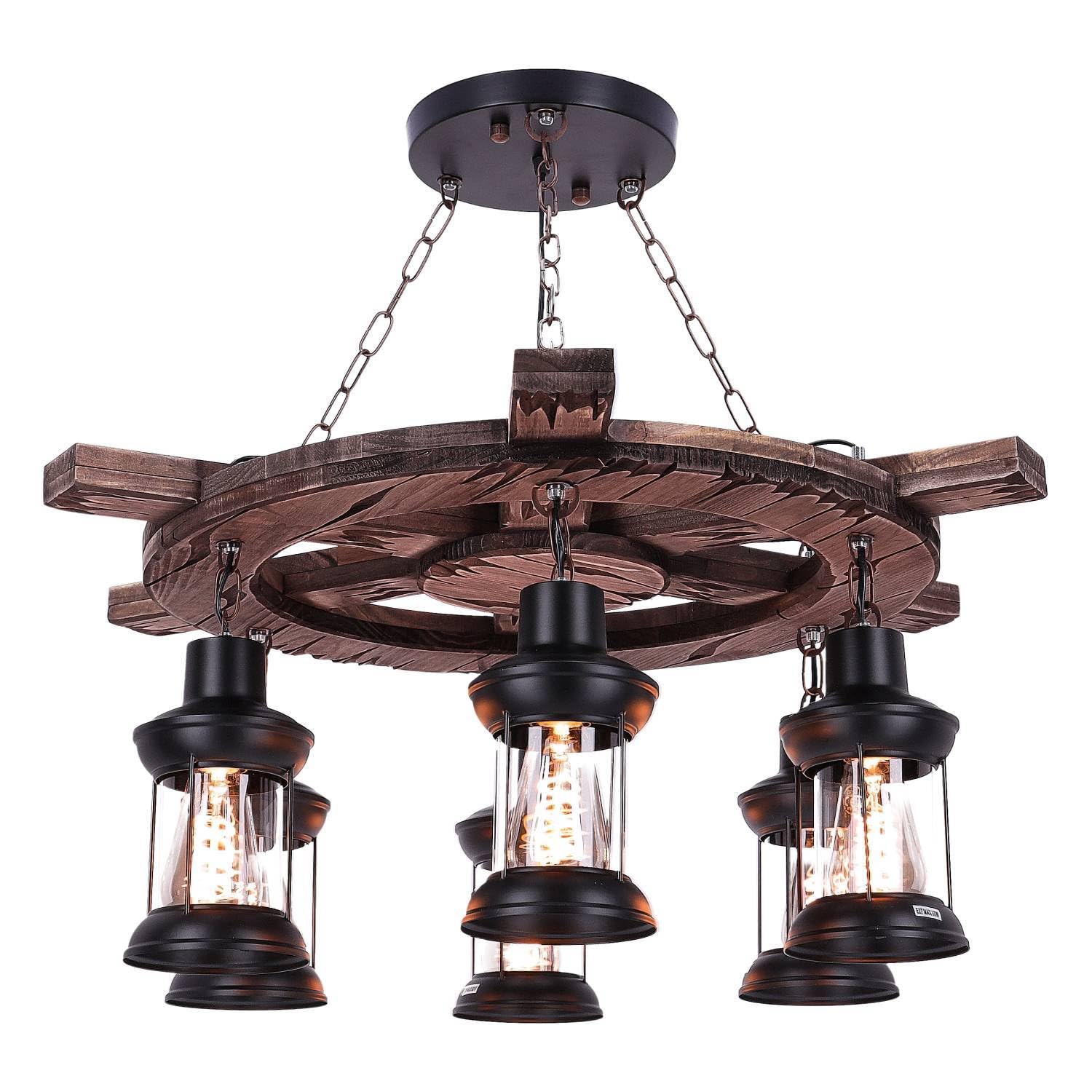 TIBU Hängelampe aus Holz Vintage Lampe Ruder Wohnzimmer E27 höhenverstellbar 6 flammig