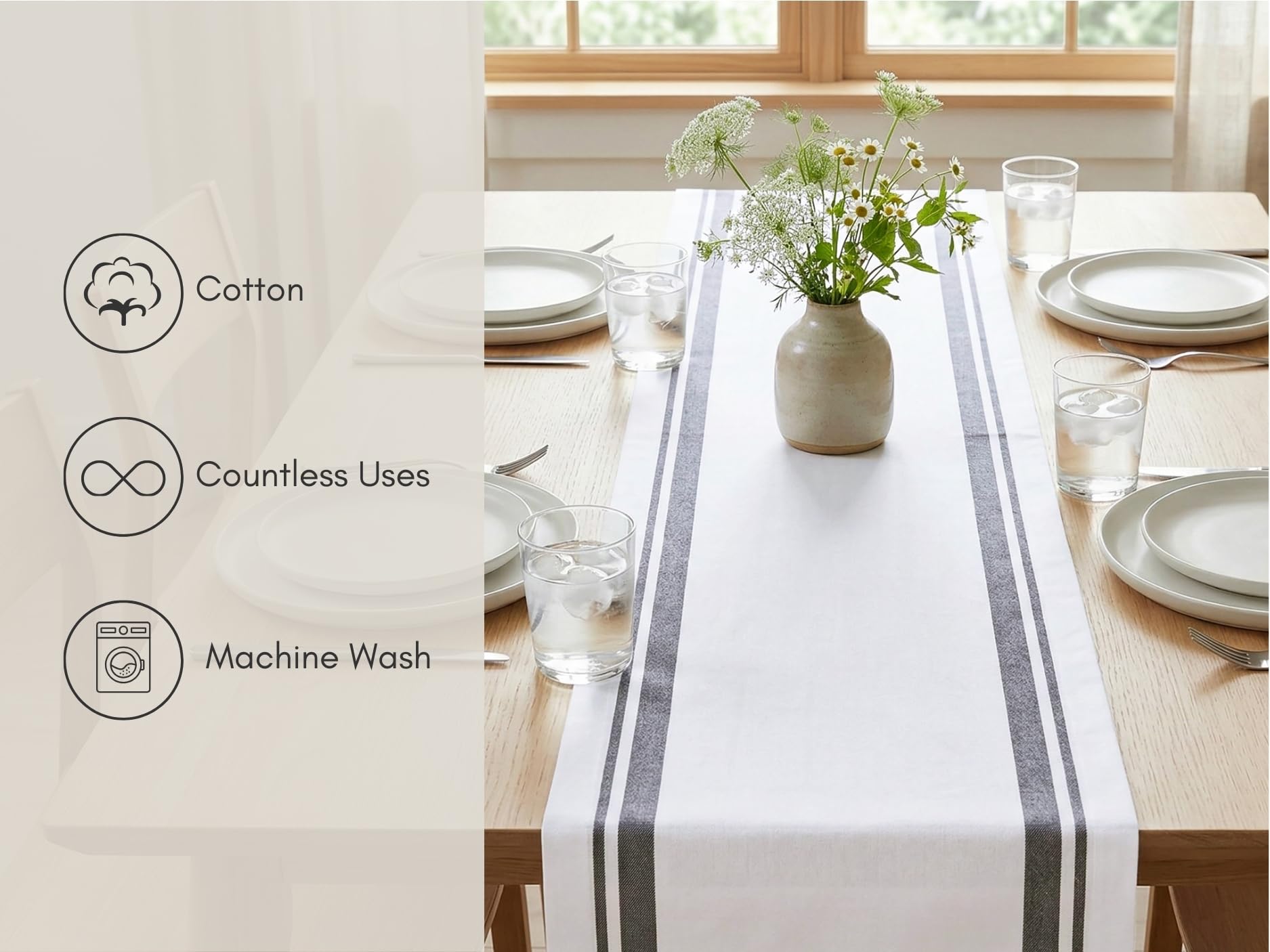 PurpleEssences Chemin de table à rayures françaises de 182,9 cm de long, 35,6 x 182,9 cm, 100 % coton – Tissu durable lavable pour printemps, été, Pâques – Gris et blanc