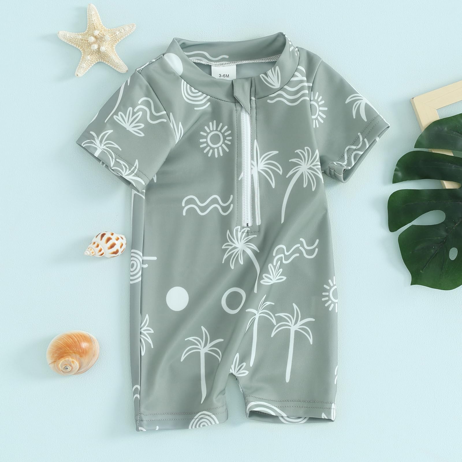 Dcohmch Baby Boy Swimsuit Rashguard Cartoon Print One Piece Bathing Suit Toddler Zipper Swimwear 6 9 12 18Months 2T 3T (Army Green, 0-3 Months)