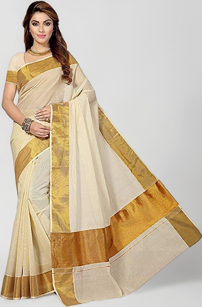 Women's Kasavu Cotton Silk Blended Saree With Blouse Piece (KRLPLN_BGBDR_Off-White)