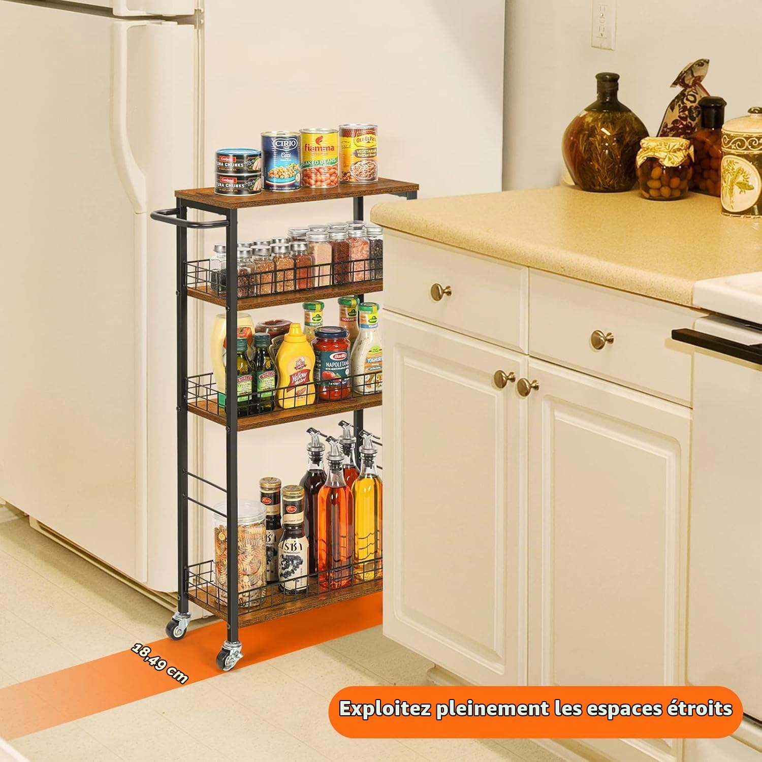 CADUKE Chariot de Cuisine à 4 Niveaux, Multifonctionnel Chariot de Rangement, Mobile Étagère avec roulettes pour Bureau, Salon, Cuisine, Salle de Bain, Buanderie, 41 * 18 * 87cm, Brun Rustique