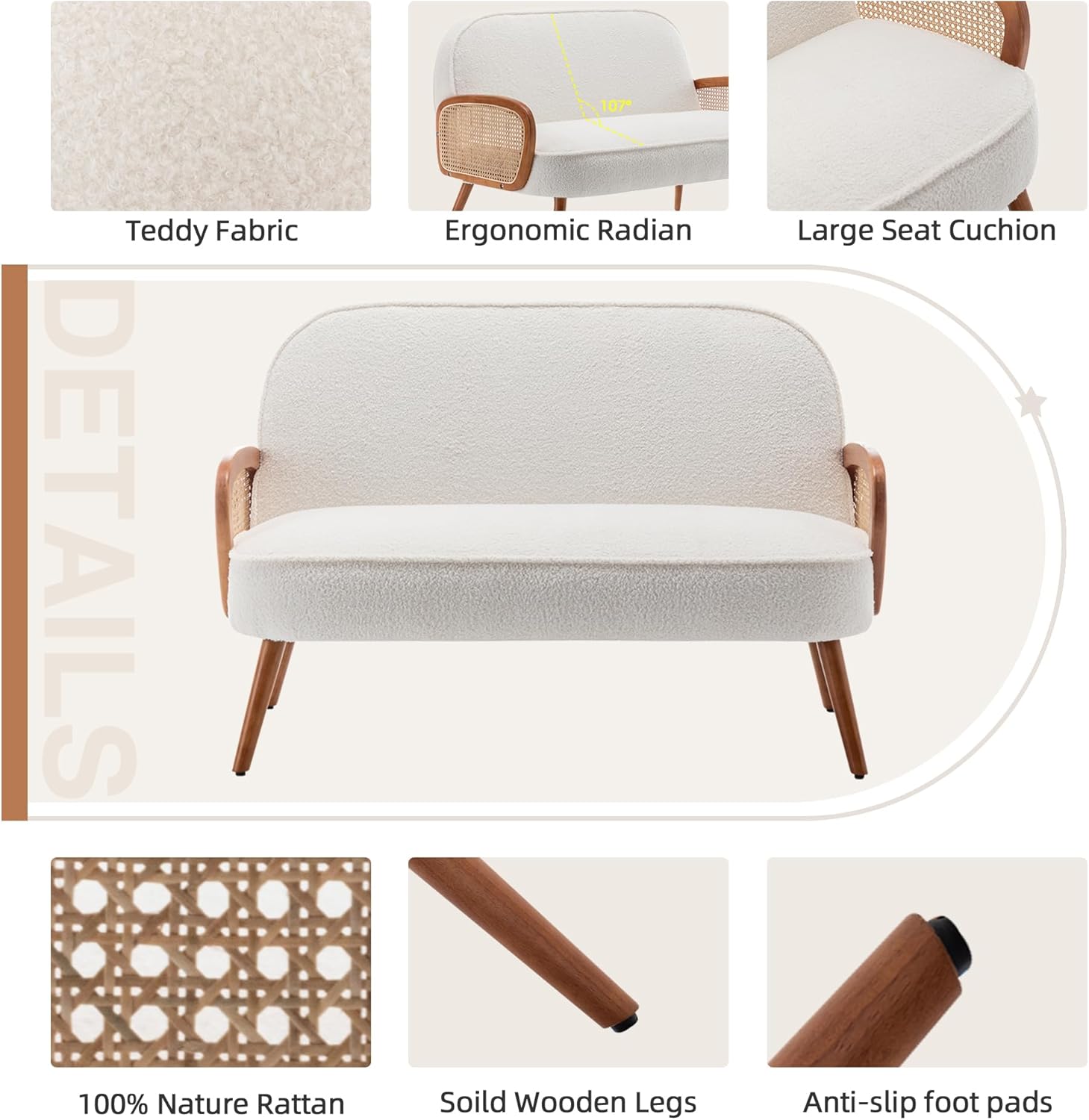 WENTMENT Loveseat Sofa Small Couch for Living Room Teddy Love Seat with Natural Rattan Armrest and Solid Wooden Legs Small Sofa for Small Space, Bedroom, Apartment（White）