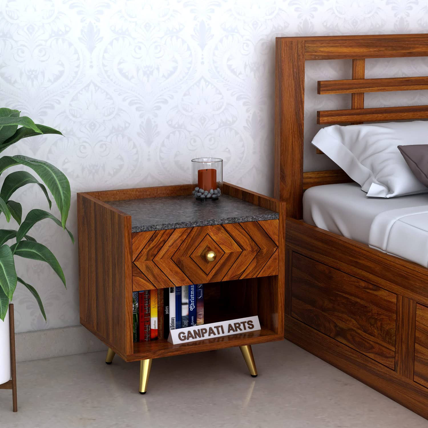 Ganpati Arts Sheesham Wood Bedside Table with Granite Top for Bedroom End Table with 1 Drawer and 1 Shelf Storage for Home (Natural Finish) 1 Year Warranty