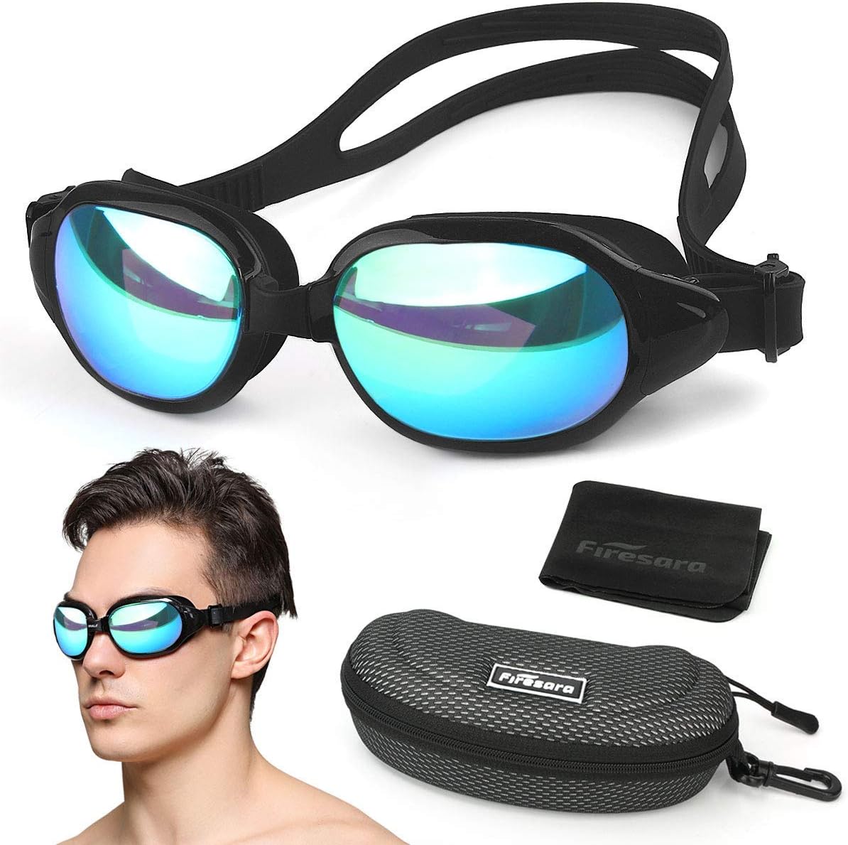 Firesara Swim Goggles, No Leaking Large Frame Wide View Pool for Women Men