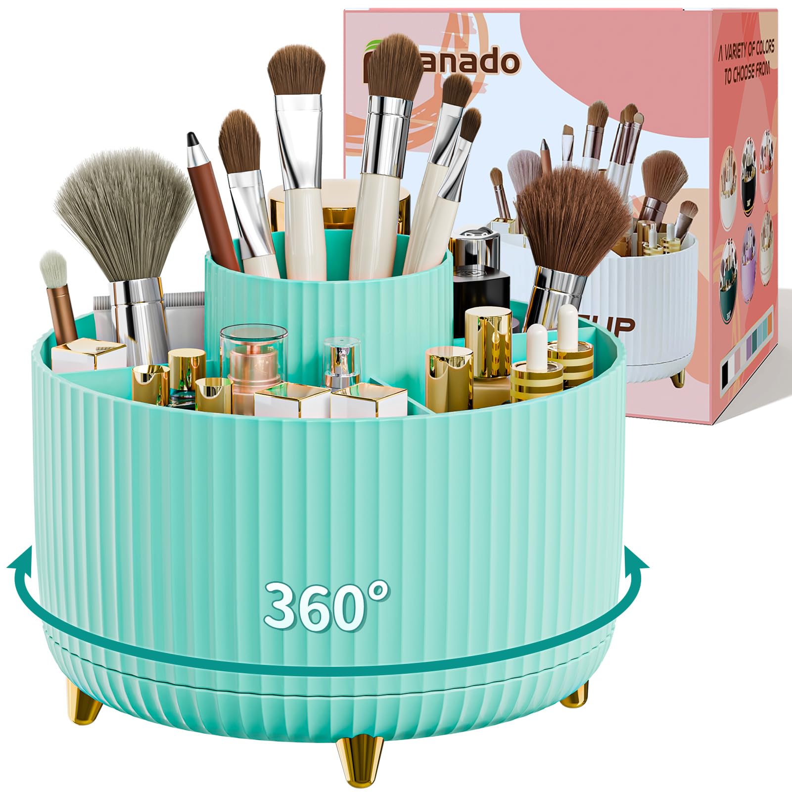 fanado 360° Rotating Makeup Organiser, Makeup Brush Holder, 5 Compartment Makeup and Skincare Storage for Vanity, Desktop, Bathroom (White) — view 13