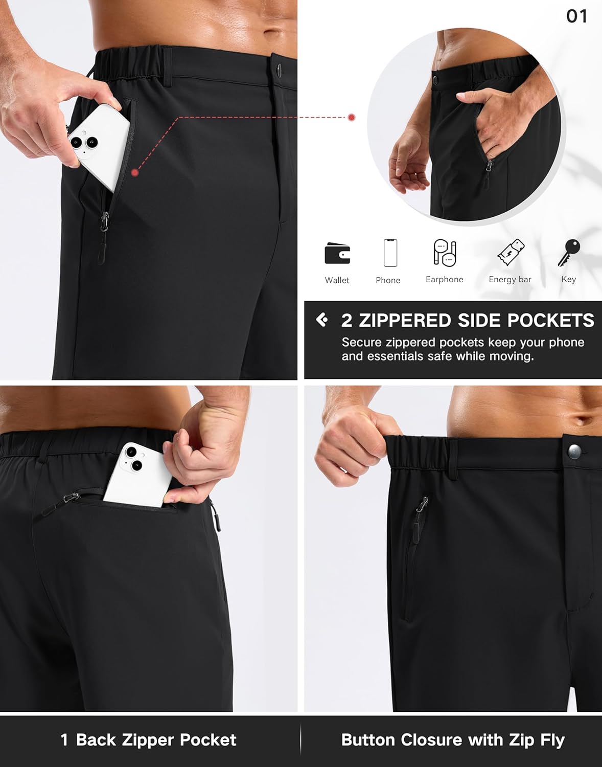 Pudolla Mens Hiking Shorts 5"/7"/9" Lightweight Quick Dry Casual Golf Shorts for Men Work Fishing with 3 Zipper Pockets - Image 5