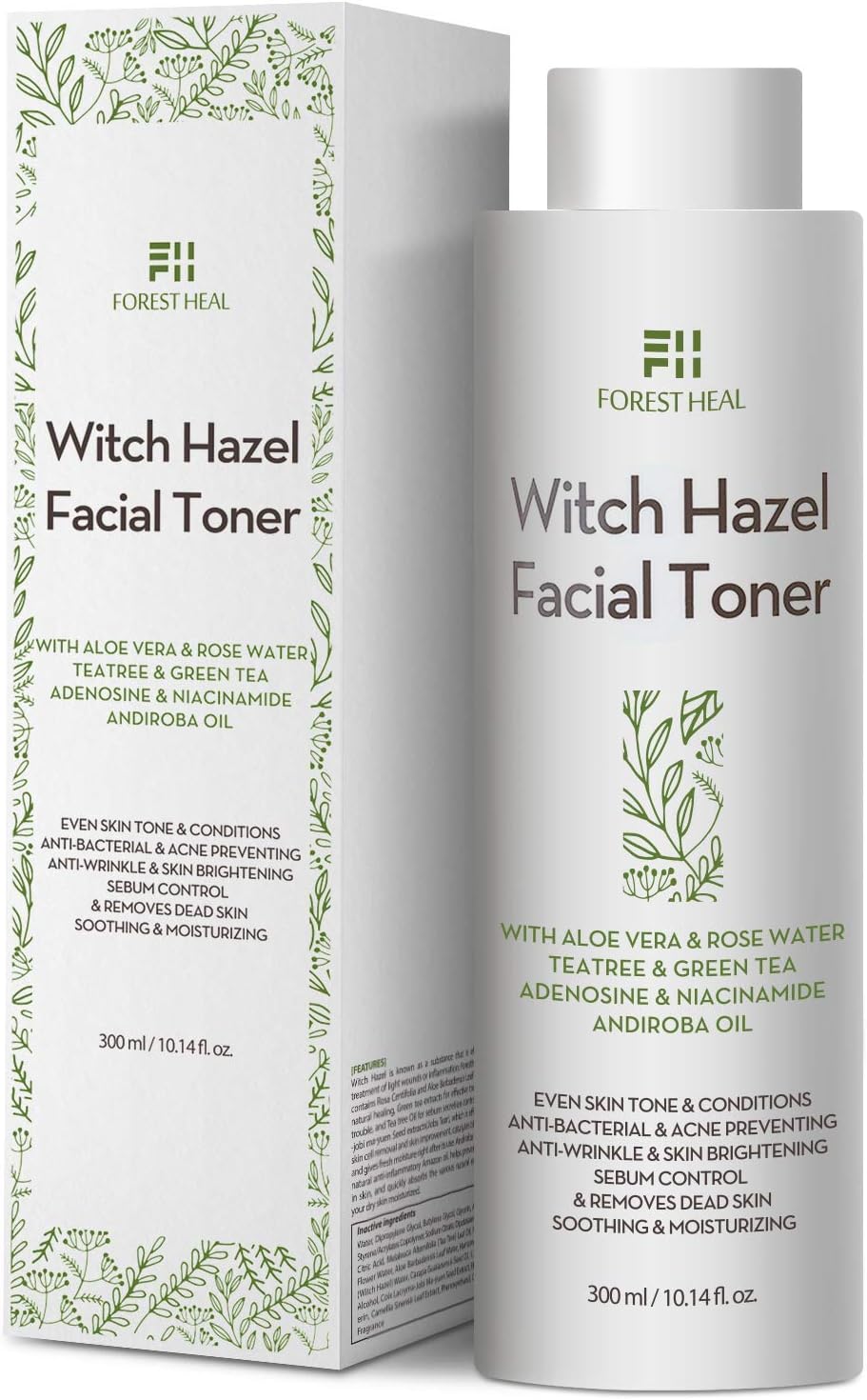 Natural Witch Hazel Face Toner - Alcohol Free with Aloe Vera, Rose Water, Green Tea - Forest Heal Unscented Natural Facial Toner and Moisturizer - Skin Toner 10.14 Oz / 300 mL