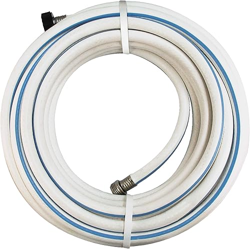 Flexon Manguera de jardín líder de 20 pies, color blanco con rayas azules, diseño ligero y flexible para un fácil manejo y mayor longitud, ideal