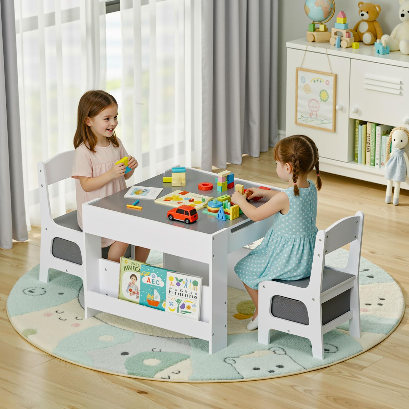 MAMIZO Table pour Enfant avec 2 Chaises, 3 en 1 Ensemble de Table et Chaises, Mobilier Enfant en Bois avec rangements et étagères, avec Plateu Réversible, 3-7 Ans, Salle des Enfants, Gris