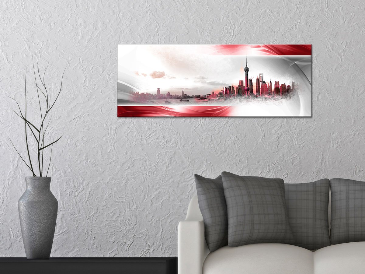 Declina, Quadro Decorativo da Parete per Soggiorno Moderno, Quadro Decorativo da Parete, Tela Panorama di Shanghai Rosso 100 x 35 cm, Canvas, Rosso, 100x35 cm