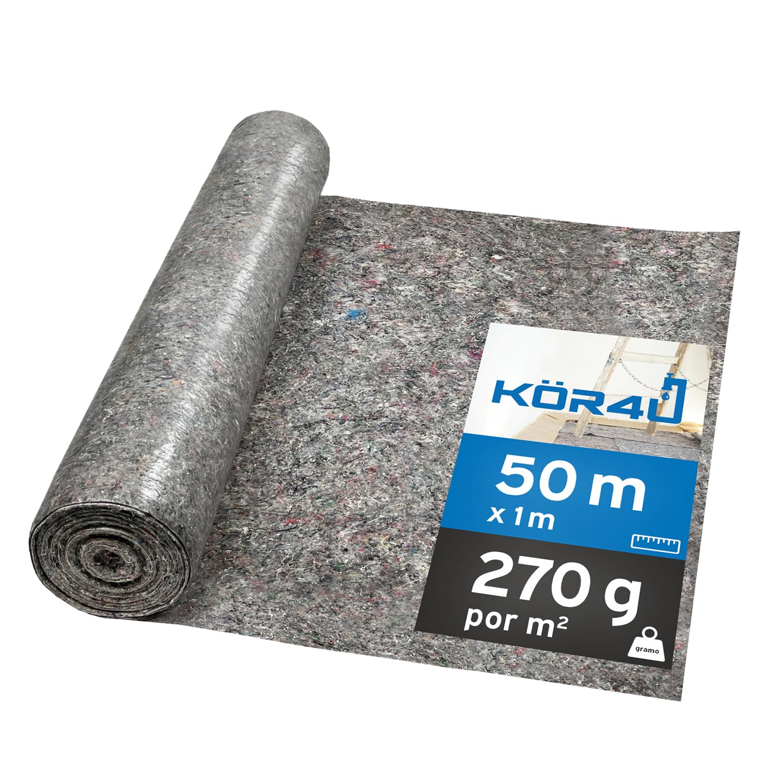 kör4u Rollo de fieltro de pintor de 50 m, con 270 g, cubierta y protección para suelos al pintar, renovación y bricolaje