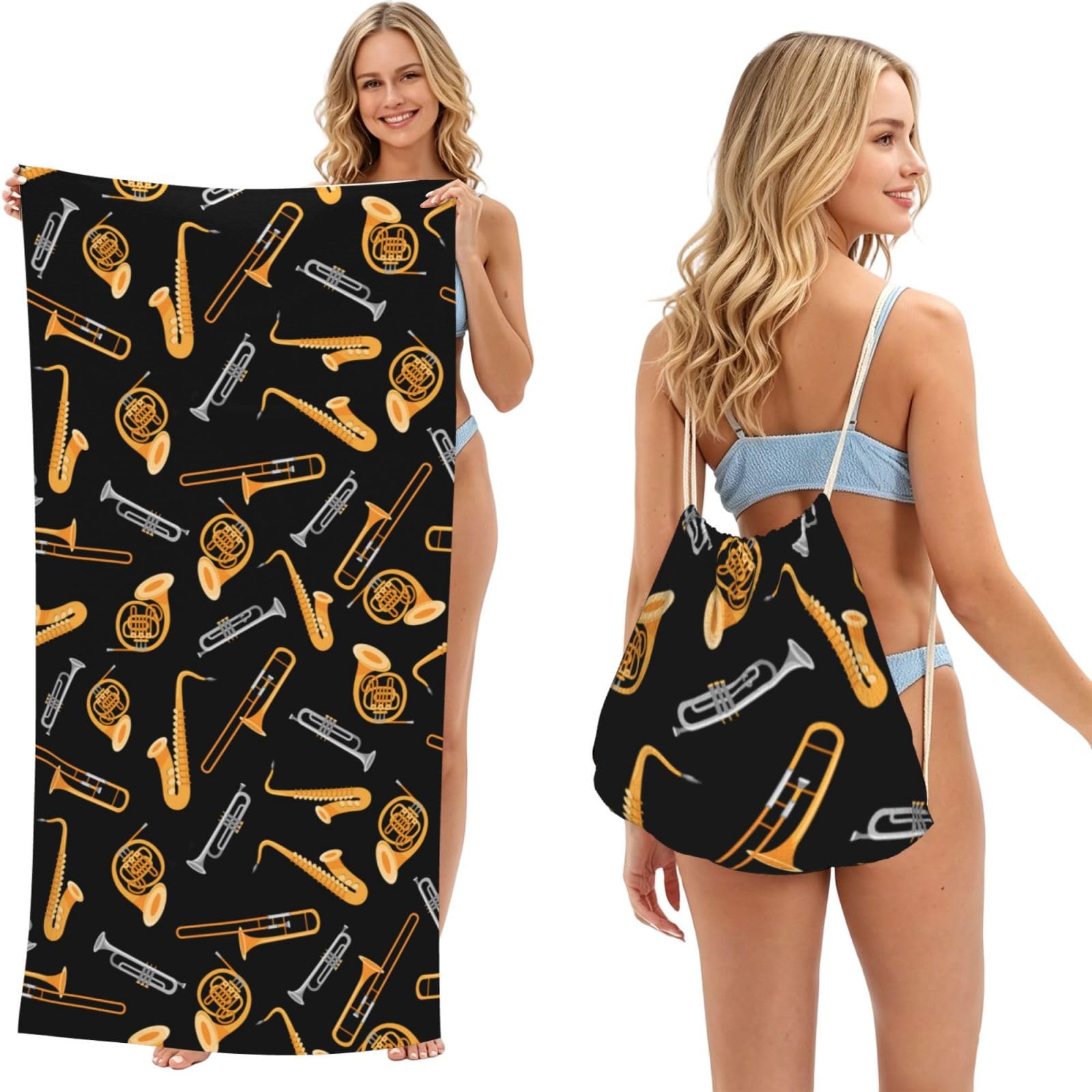Poadnly As Picture Saxophone Trombone Lover Music, 2 In 1 Packable Towel Bag, Beach Towels With Drawstring Backpack For Travel Holiday Camping